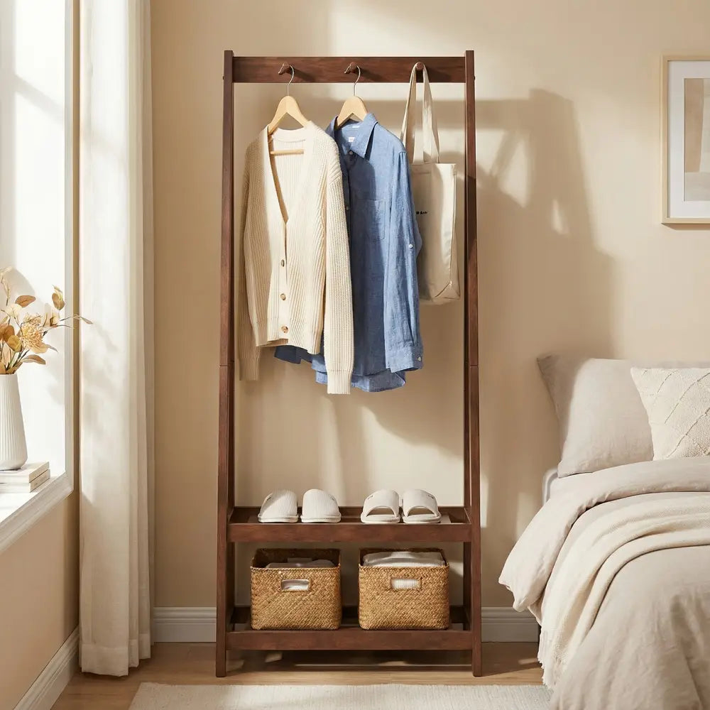 Freestanding Clothes Rack with 3 Hooks and 2 Shelves-Walnut - Walnut - Coat Racks & Hall Trees