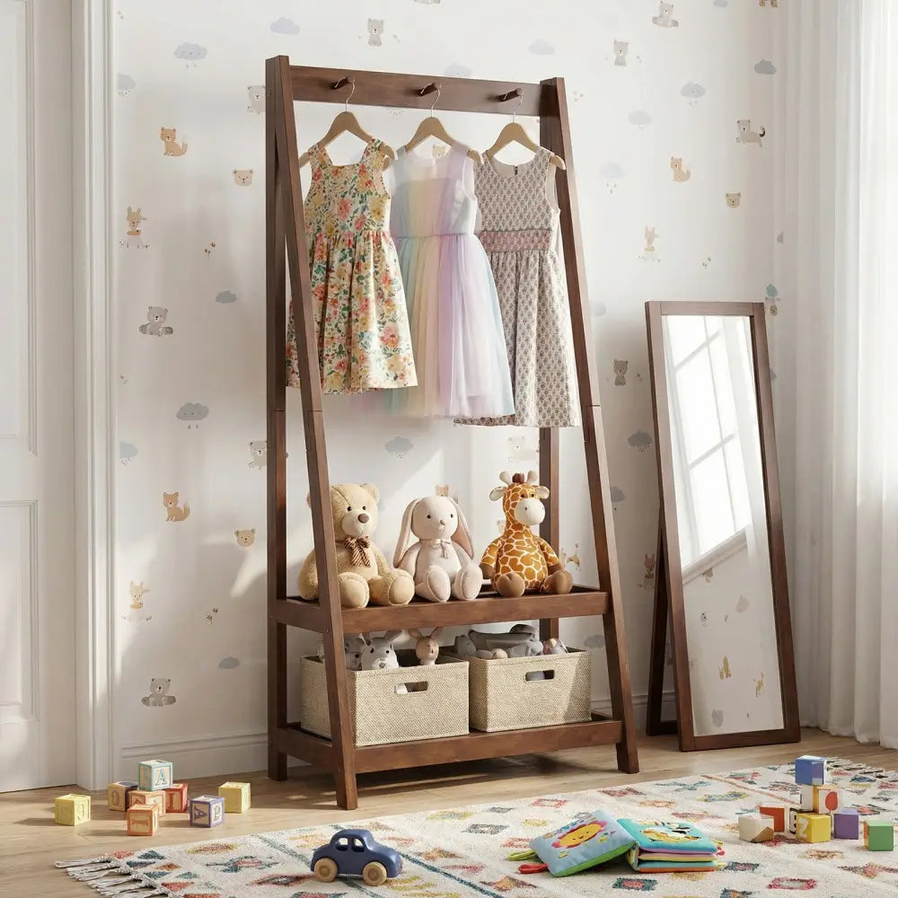 Freestanding Clothes Rack with 3 Hooks and 2 Shelves-Walnut - Walnut - Coat Racks & Hall Trees
