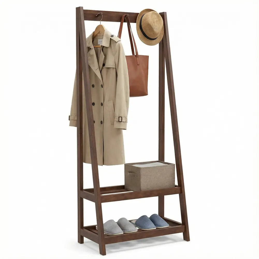 Freestanding Clothes Rack with 3 Hooks and 2 Shelves-Walnut - Walnut - Coat Racks & Hall Trees
