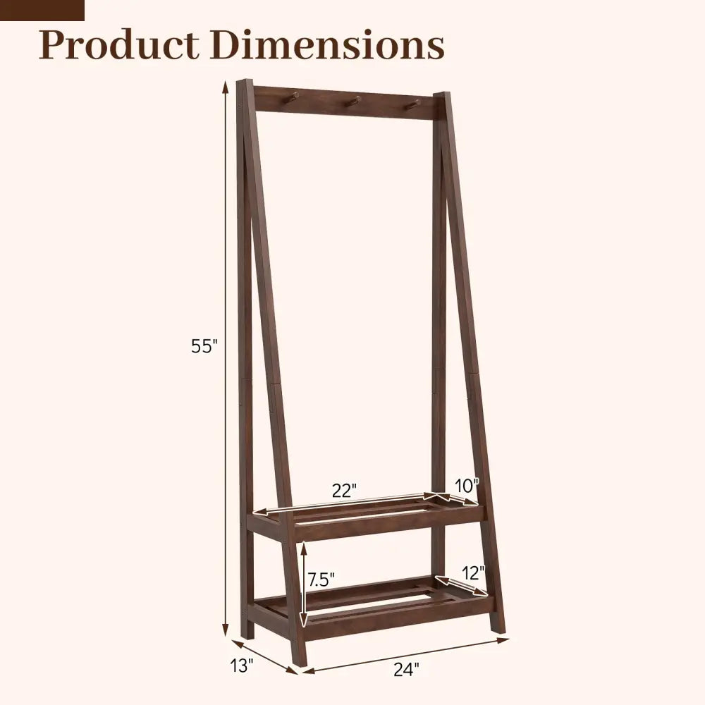Freestanding Clothes Rack with 3 Hooks and 2 Shelves-Walnut - Walnut - Coat Racks & Hall Trees