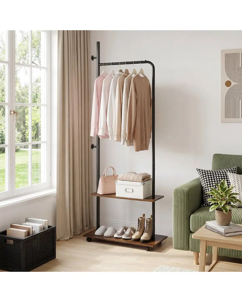 Freestanding Clothing Rack with Wheels and Storage Shelves for Entryway and Bedroom-Rustic Brown - Rustic Brown