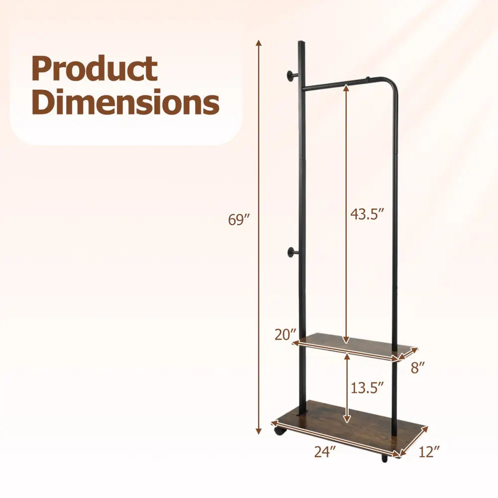Freestanding Clothing Rack with Wheels and Storage Shelves for Entryway and Bedroom-Rustic Brown - Rustic Brown