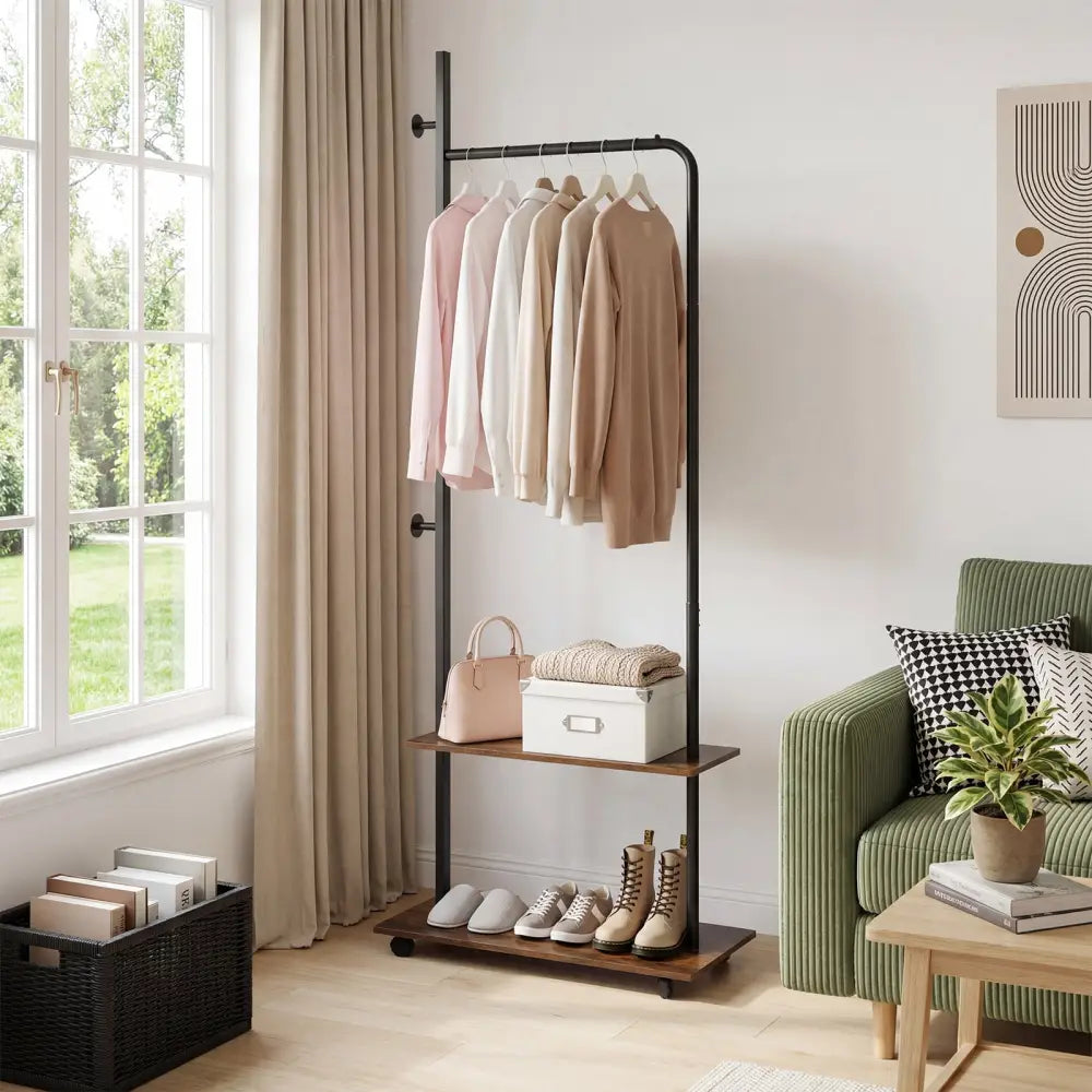 Freestanding Clothing Rack with Wheels and Storage Shelves for Entryway and Bedroom-Rustic Brown - Rustic Brown