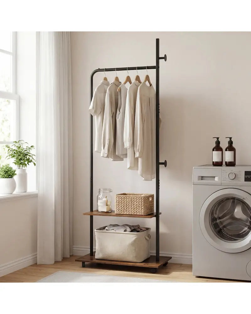 Freestanding Clothing Rack with Wheels and Storage Shelves for Entryway and Bedroom-Rustic Brown - Rustic Brown