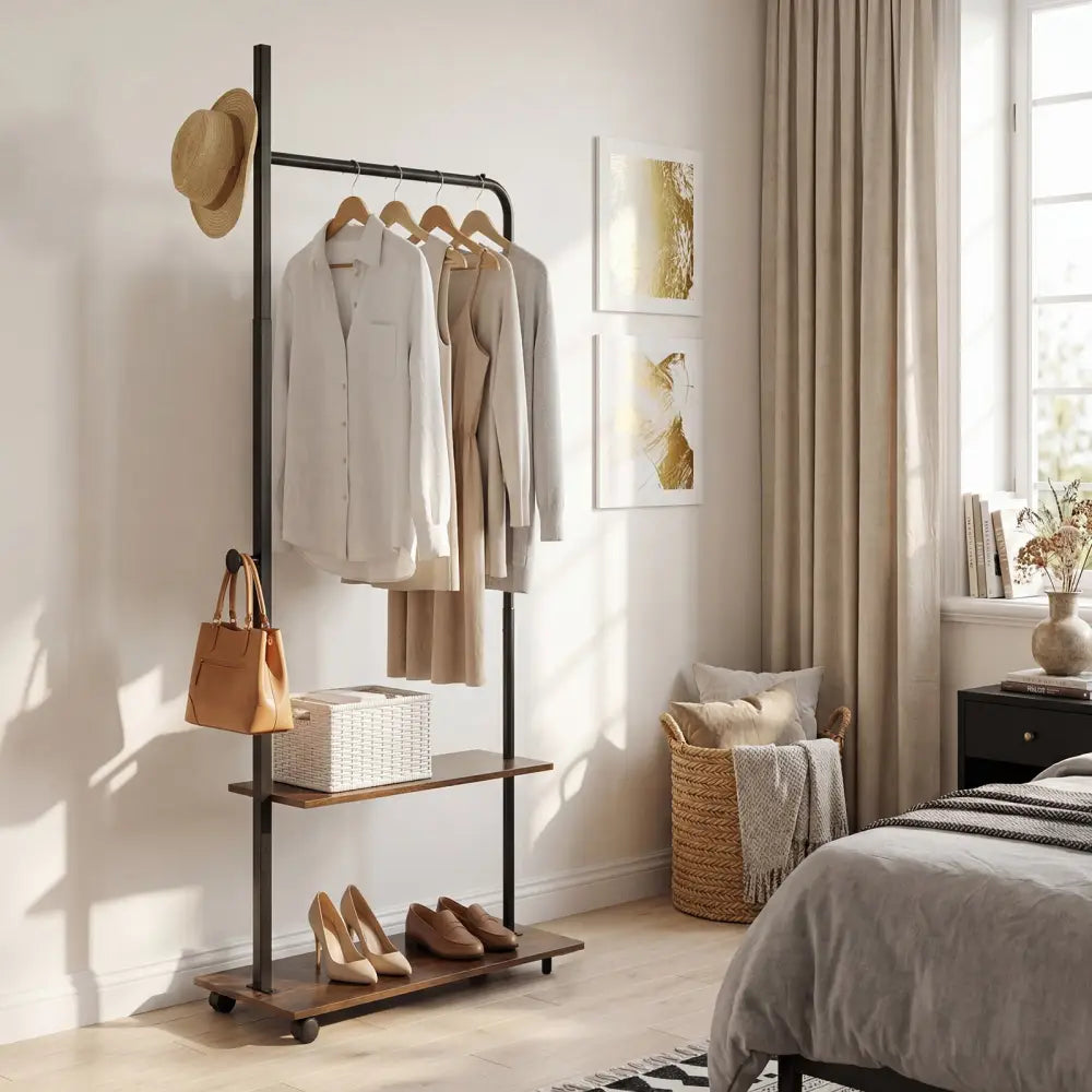 Freestanding Clothing Rack with Wheels and Storage Shelves for Entryway and Bedroom-Rustic Brown - Rustic Brown