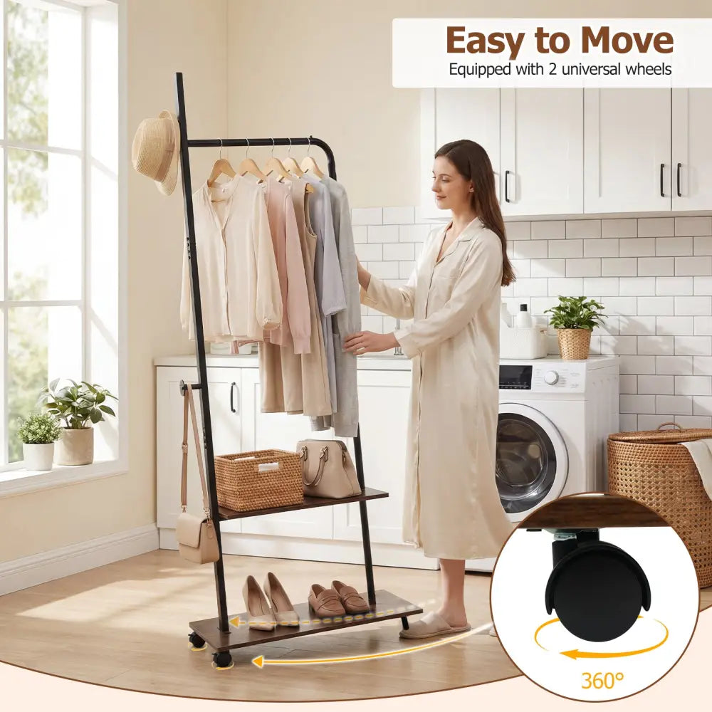Freestanding Clothing Rack with Wheels and Storage Shelves for Entryway and Bedroom-Rustic Brown - Rustic Brown