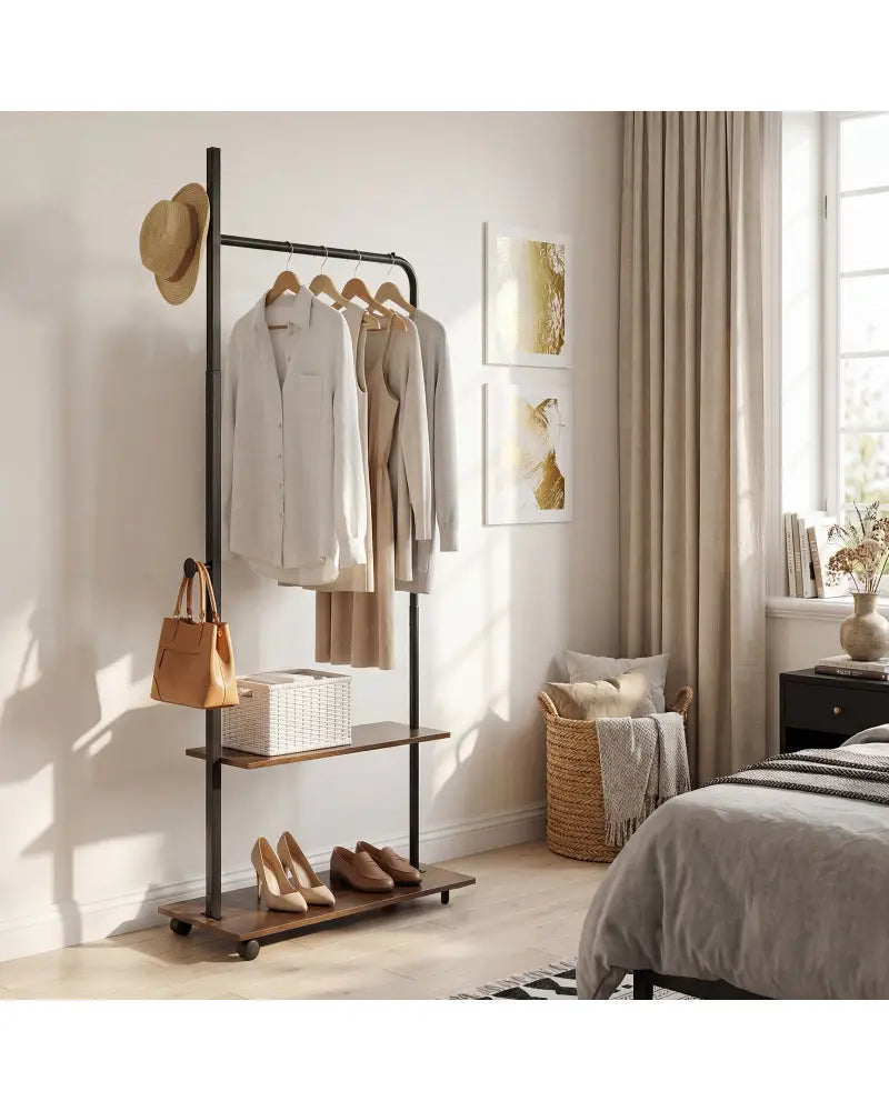 Freestanding Clothing Rack with Wheels and Storage Shelves for Entryway and Bedroom-Rustic Brown - Rustic Brown