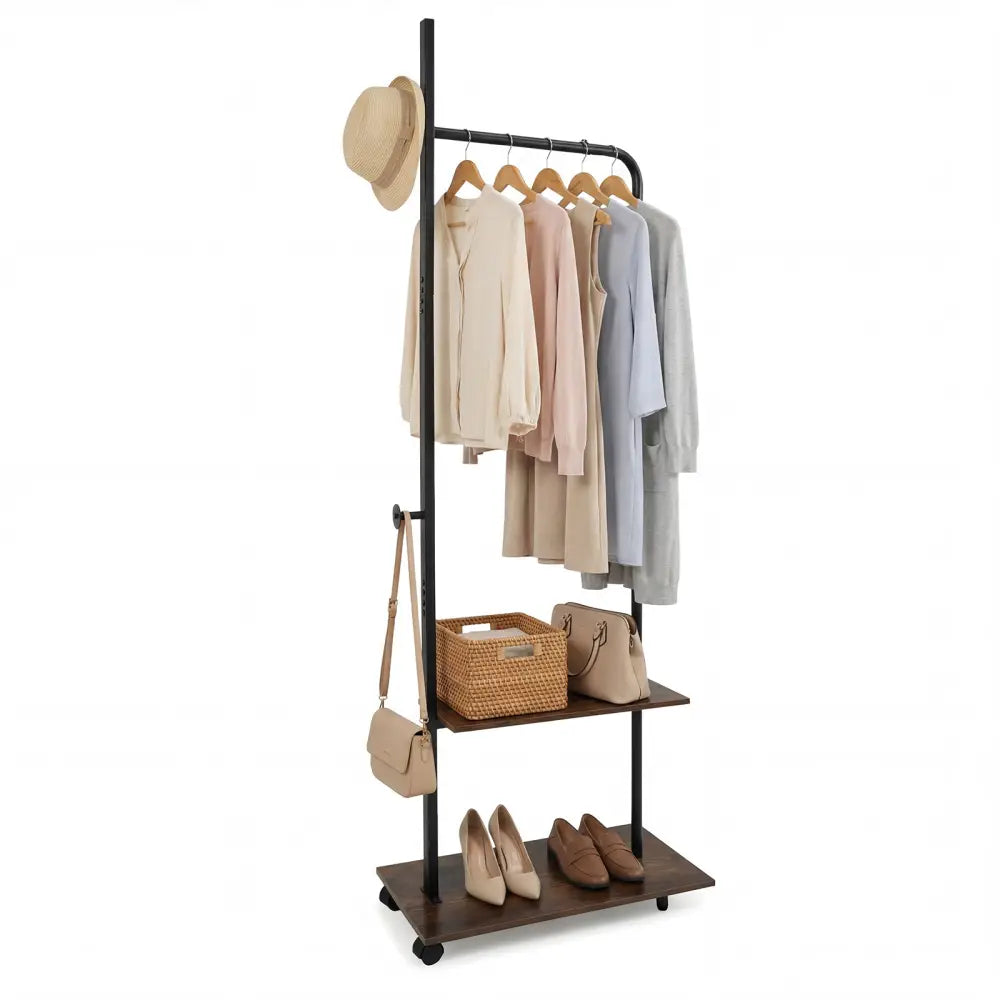 Freestanding Clothing Rack with Wheels and Storage Shelves for Entryway and Bedroom-Rustic Brown - Rustic Brown