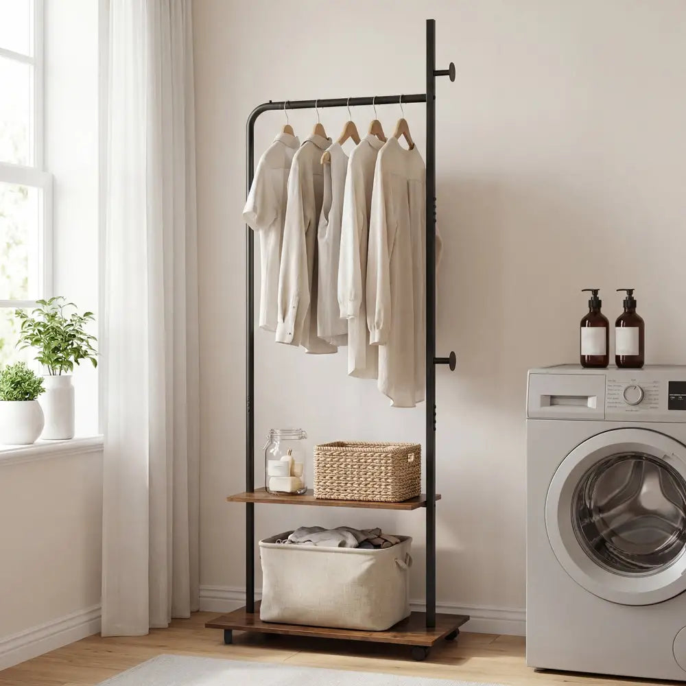 Freestanding Clothing Rack with Wheels and Storage Shelves for Entryway and Bedroom-Rustic Brown - Rustic Brown