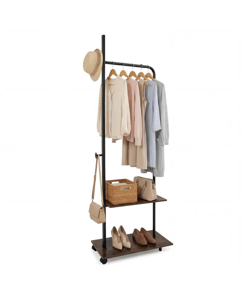 Freestanding Clothing Rack with Wheels and Storage Shelves for Entryway and Bedroom-Rustic Brown - Rustic Brown