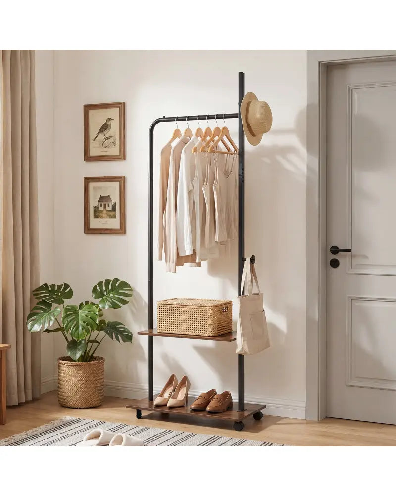 Freestanding Clothing Rack with Wheels and Storage Shelves for Entryway and Bedroom-Rustic Brown - Rustic Brown