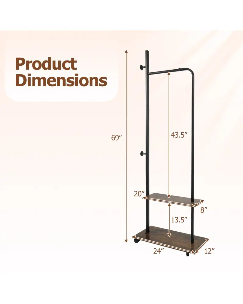 Freestanding Clothing Rack with Wheels and Storage Shelves for Entryway and Bedroom-Rustic Brown - Rustic Brown
