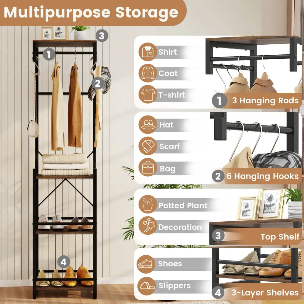 Freestanding Coat Rack with 4 Storage Shelves and 6 Hooks-Rustic Brown - Rustic Brown - Coat Racks & Hall Trees