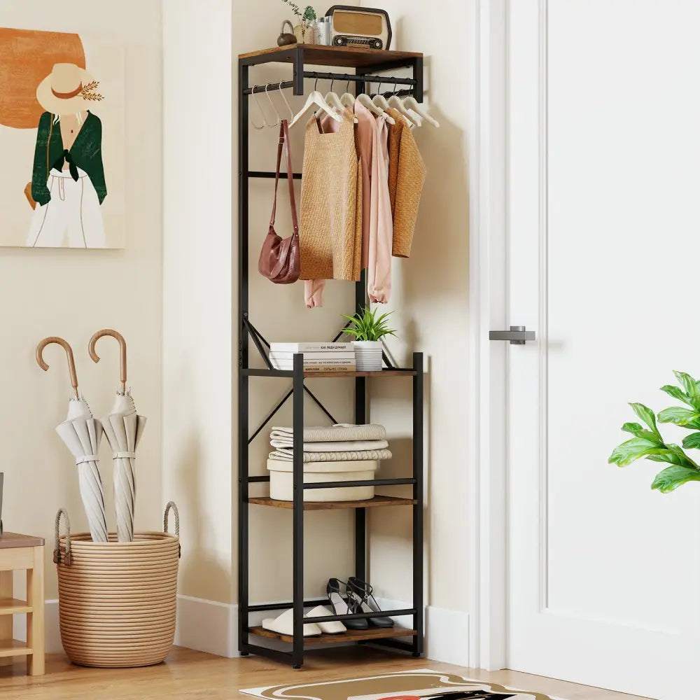 Freestanding Coat Rack with 4 Storage Shelves and 6 Hooks-Rustic Brown - Rustic Brown - Coat Racks & Hall Trees