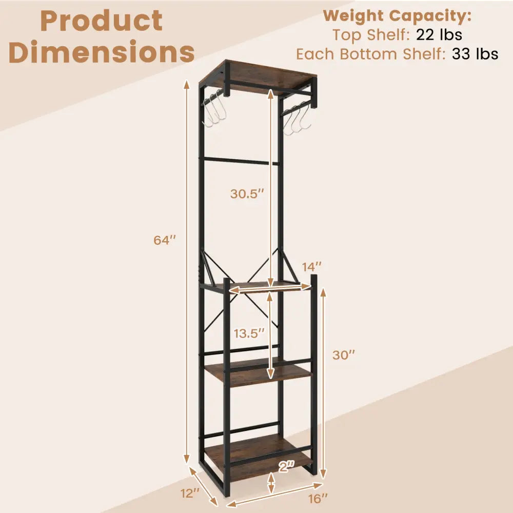 Freestanding Coat Rack with 4 Storage Shelves and 6 Hooks-Rustic Brown - Rustic Brown - Coat Racks & Hall Trees