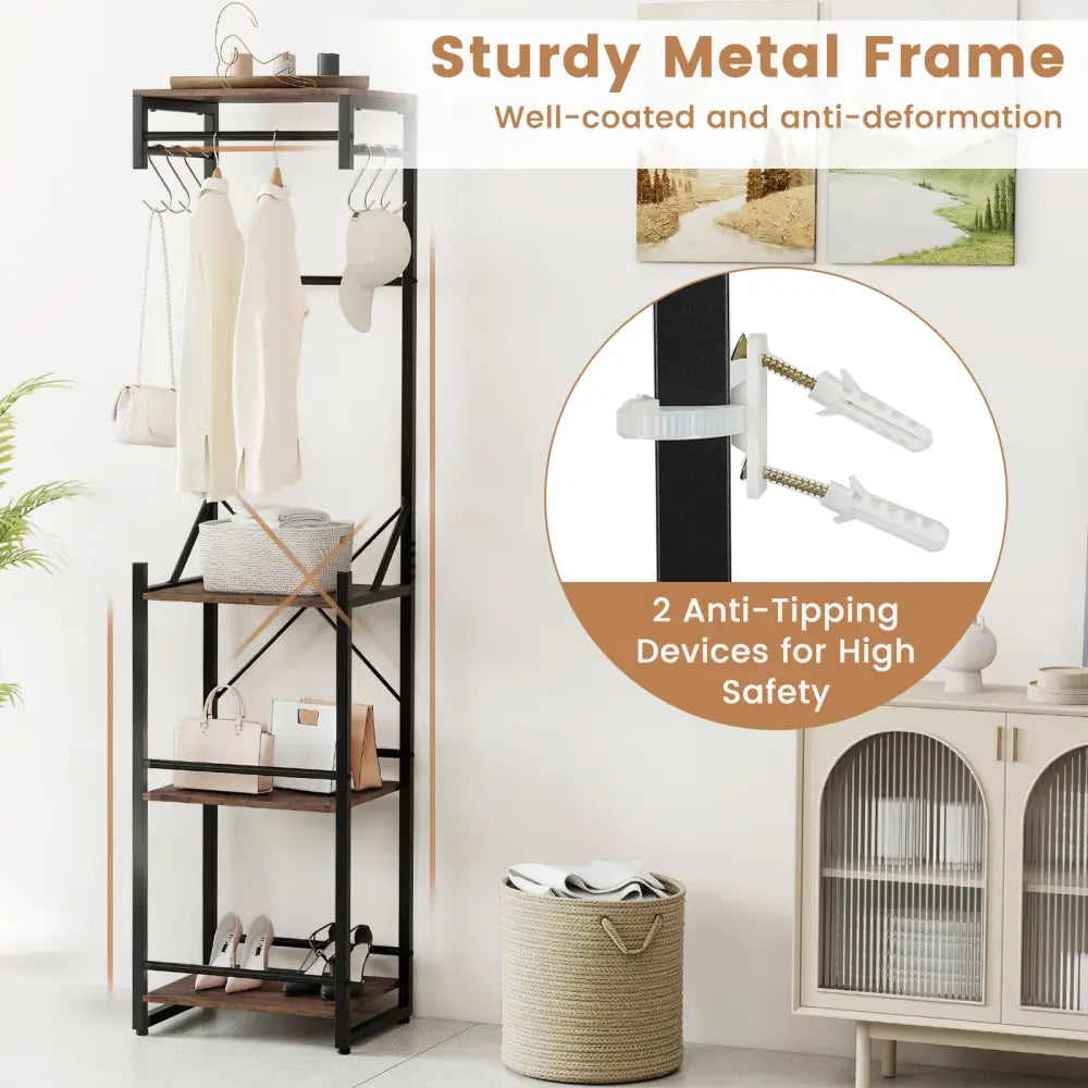 Freestanding Coat Rack with 4 Storage Shelves and 6 Hooks-Rustic Brown - Rustic Brown - Coat Racks & Hall Trees