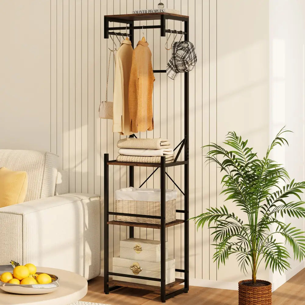 Freestanding Coat Rack with 4 Storage Shelves and 6 Hooks-Rustic Brown - Rustic Brown - Coat Racks & Hall Trees