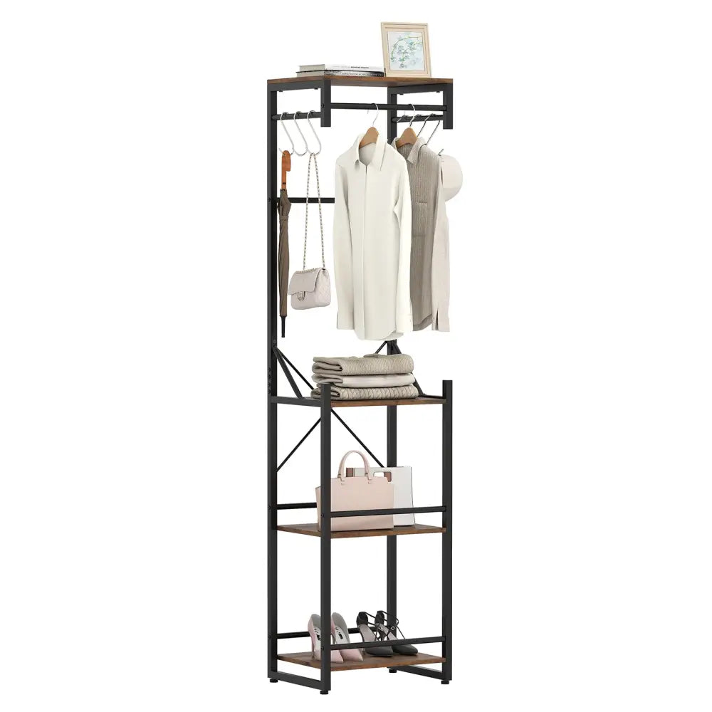 Freestanding Coat Rack with 4 Storage Shelves and 6 Hooks-Rustic Brown - Rustic Brown - Coat Racks & Hall Trees