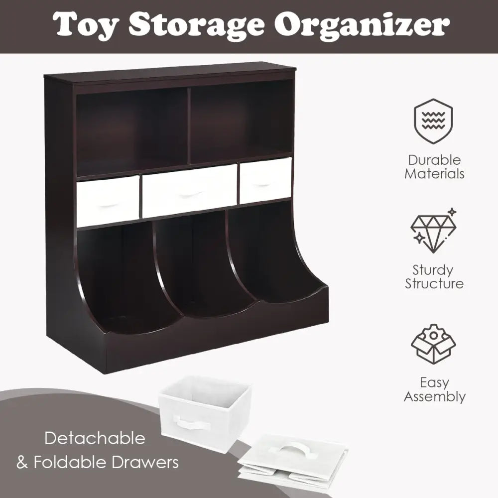 Freestanding Combo Cubby Bin Storage Organizer Unit W/3 Baskets-Brown - Brown - Kids Storage