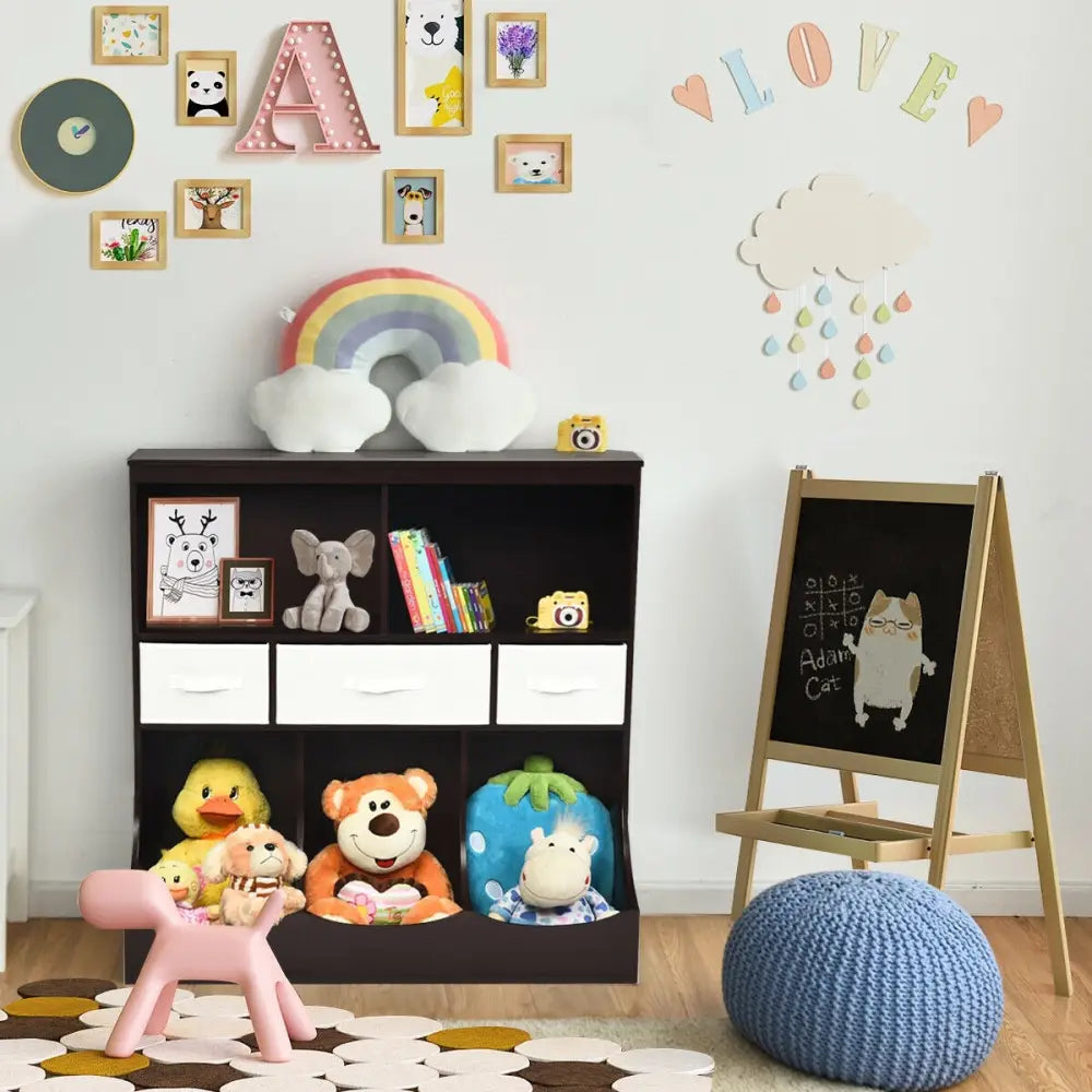 Freestanding Combo Cubby Bin Storage Organizer Unit W/3 Baskets-Brown - Brown - Kids Storage