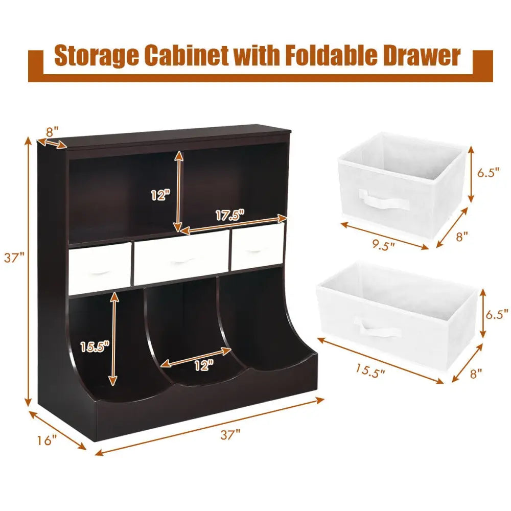 Freestanding Combo Cubby Bin Storage Organizer Unit W/3 Baskets-Brown - Brown - Kids Storage