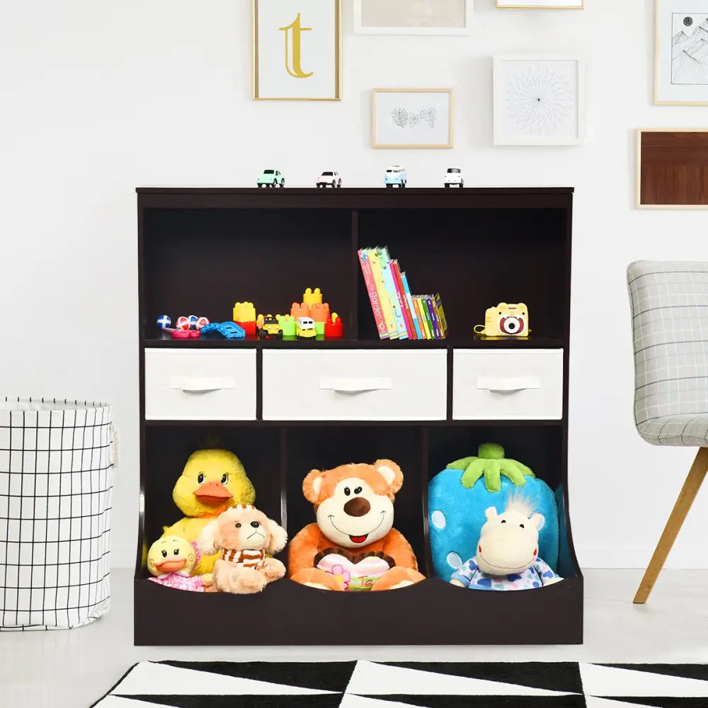 Freestanding Combo Cubby Bin Storage Organizer Unit W/3 Baskets-Brown - Brown - Kids Storage