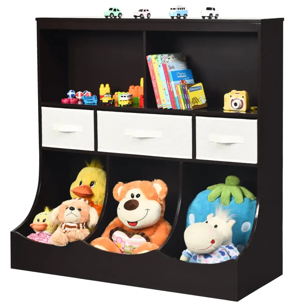 Freestanding Combo Cubby Bin Storage Organizer Unit W/3 Baskets-Brown - Brown - Kids Storage