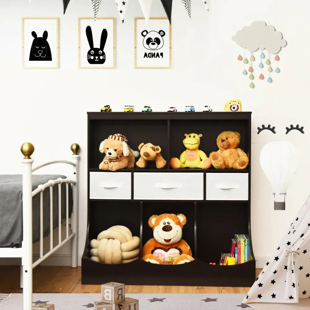 Freestanding Combo Cubby Bin Storage Organizer Unit W/3 Baskets-Brown - Brown - Kids Storage