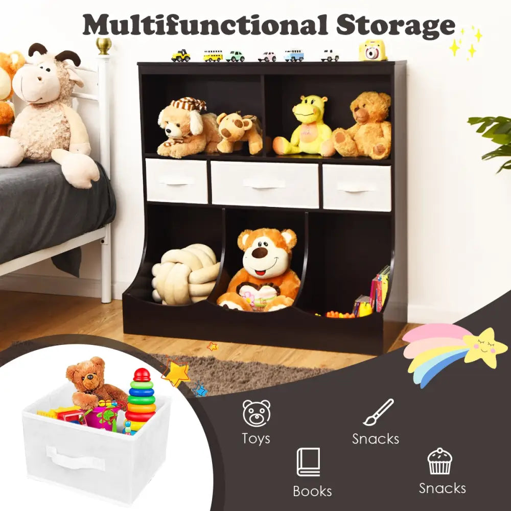 Freestanding Combo Cubby Bin Storage Organizer Unit W/3 Baskets-Brown - Brown - Kids Storage