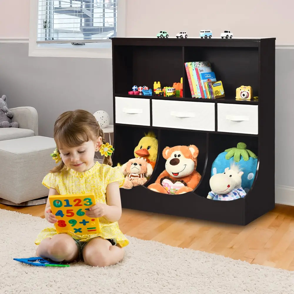 Freestanding Combo Cubby Bin Storage Organizer Unit W/3 Baskets-Brown - Brown - Kids Storage