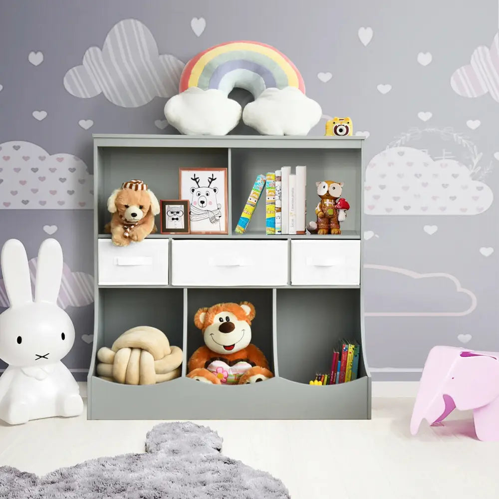 Freestanding Combo Cubby Bin Storage Organizer Unit W/3 Baskets-Gray - Gray - Kids Storage