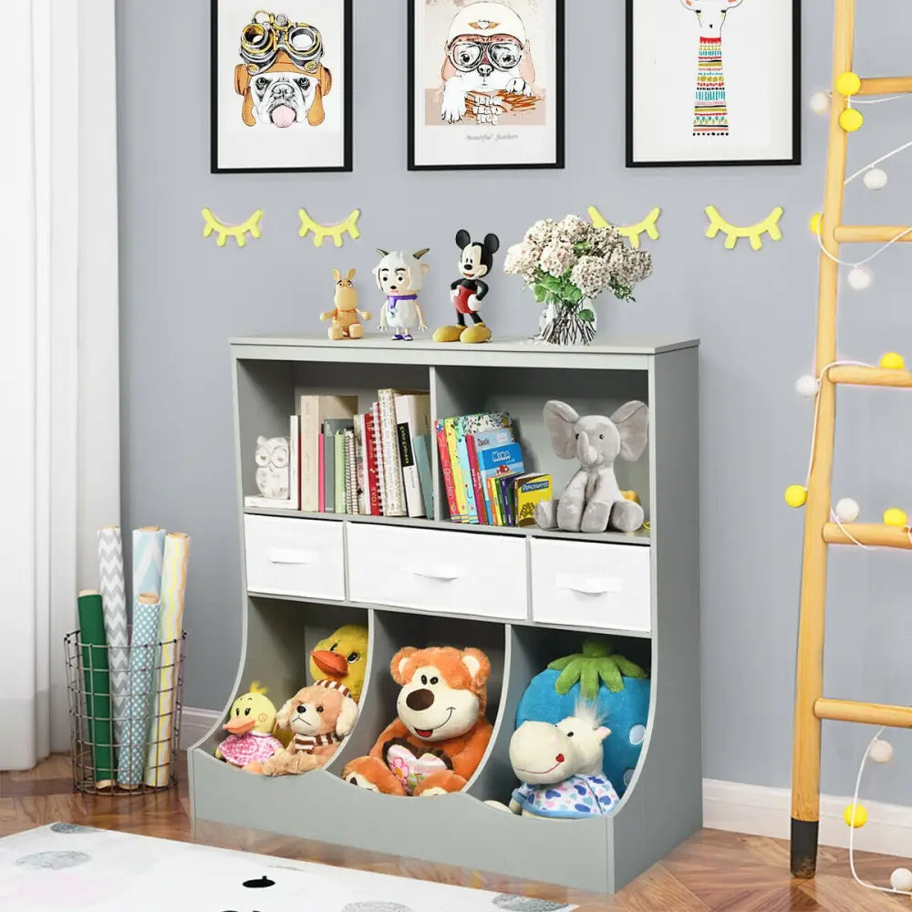 Freestanding Combo Cubby Bin Storage Organizer Unit W/3 Baskets-Gray - Gray - Kids Storage