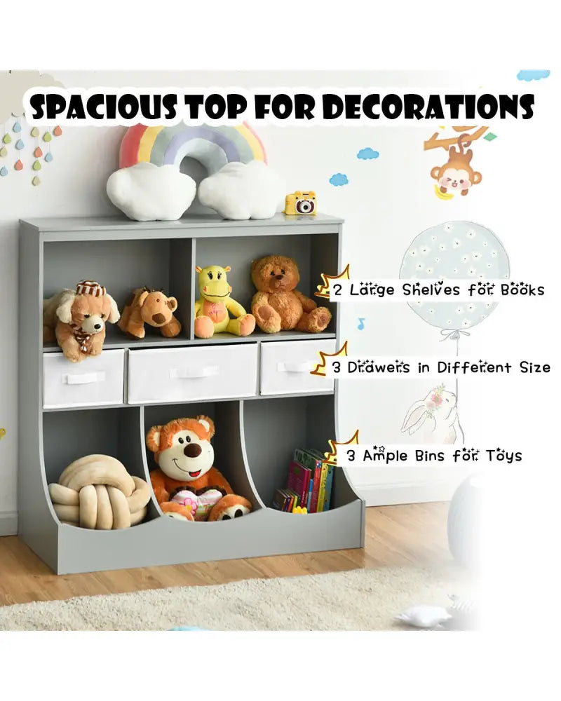 Freestanding Combo Cubby Bin Storage Organizer Unit W/3 Baskets-Gray - Gray - Kids Storage