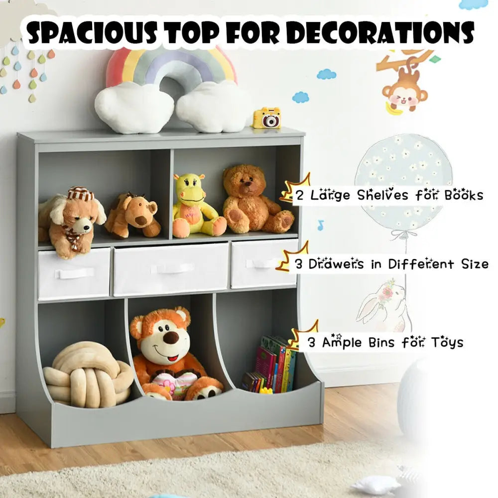 Freestanding Combo Cubby Bin Storage Organizer Unit W/3 Baskets-Gray - Gray - Kids Storage