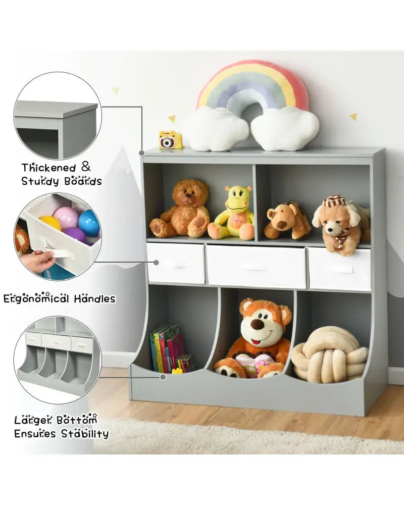 Freestanding Combo Cubby Bin Storage Organizer Unit W/3 Baskets-Gray - Gray - Kids Storage