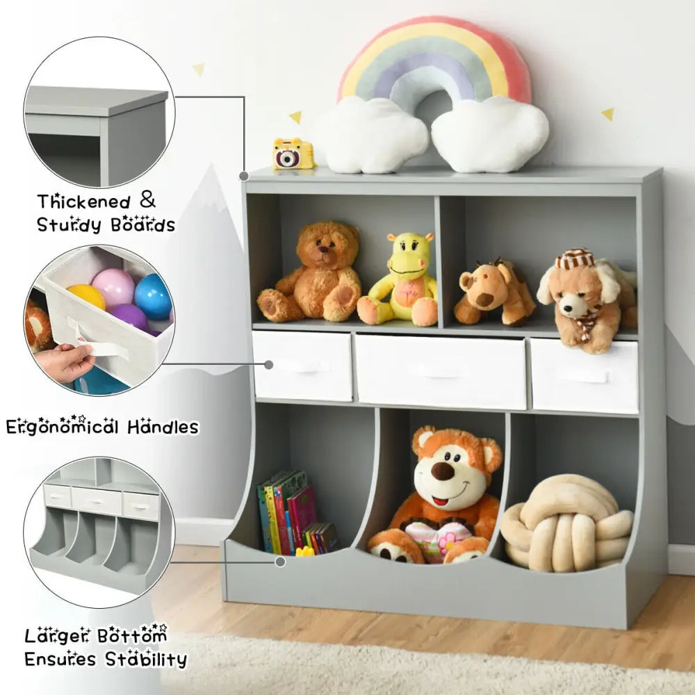 Freestanding Combo Cubby Bin Storage Organizer Unit W/3 Baskets-Gray - Gray - Kids Storage
