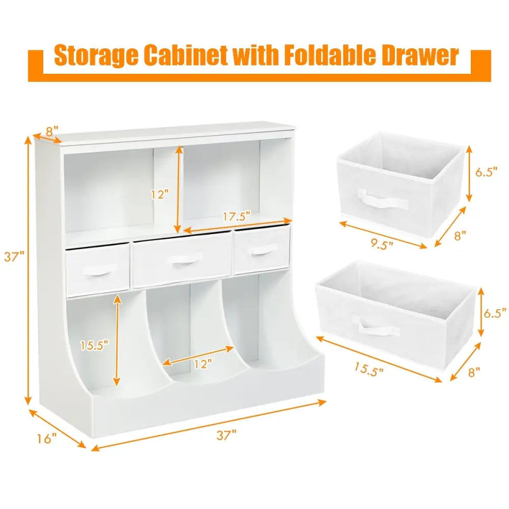 Freestanding Combo Cubby Bin Storage Organizer Unit W/3 Baskets-White - White - Kids Storage