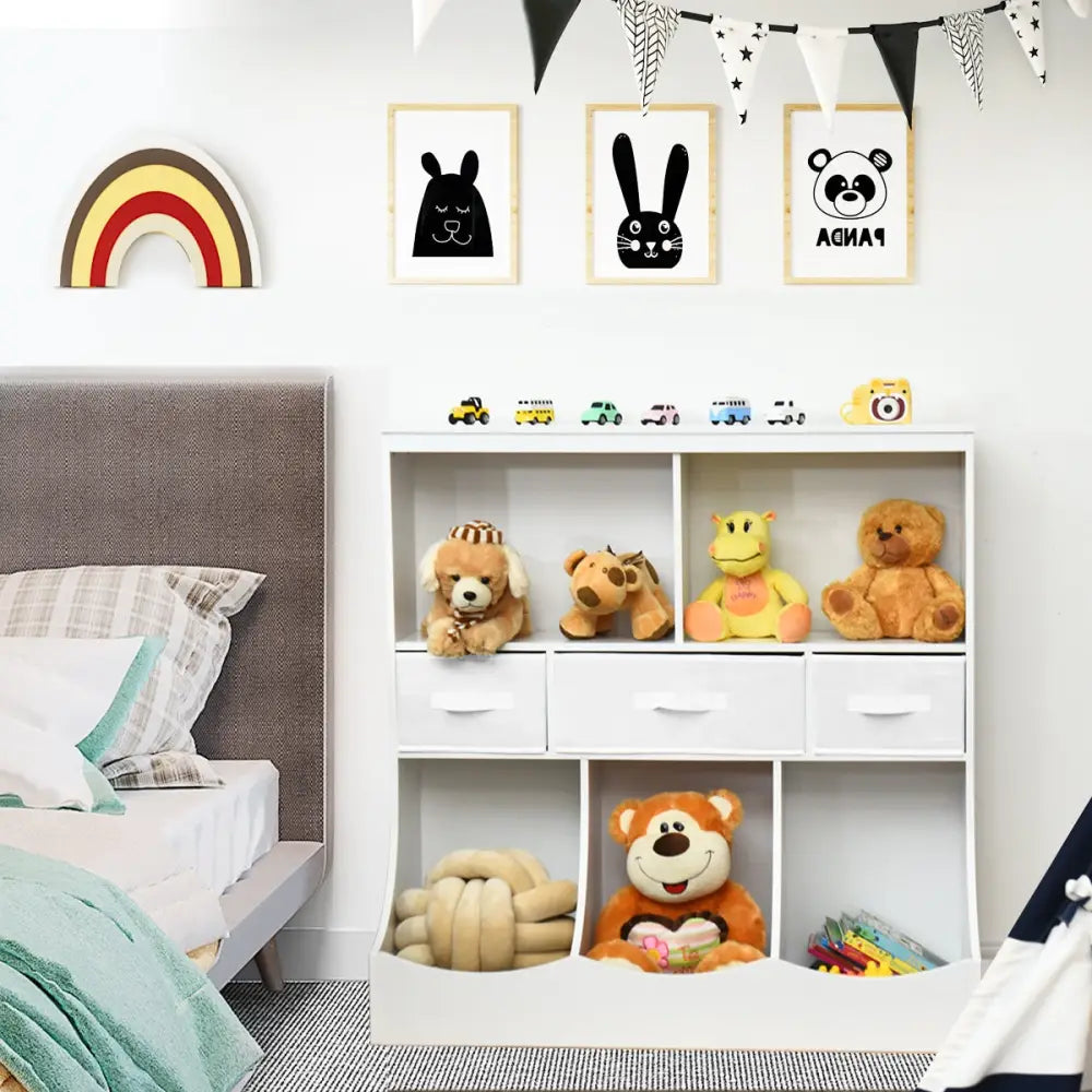 Freestanding Combo Cubby Bin Storage Organizer Unit W/3 Baskets-White - White - Kids Storage