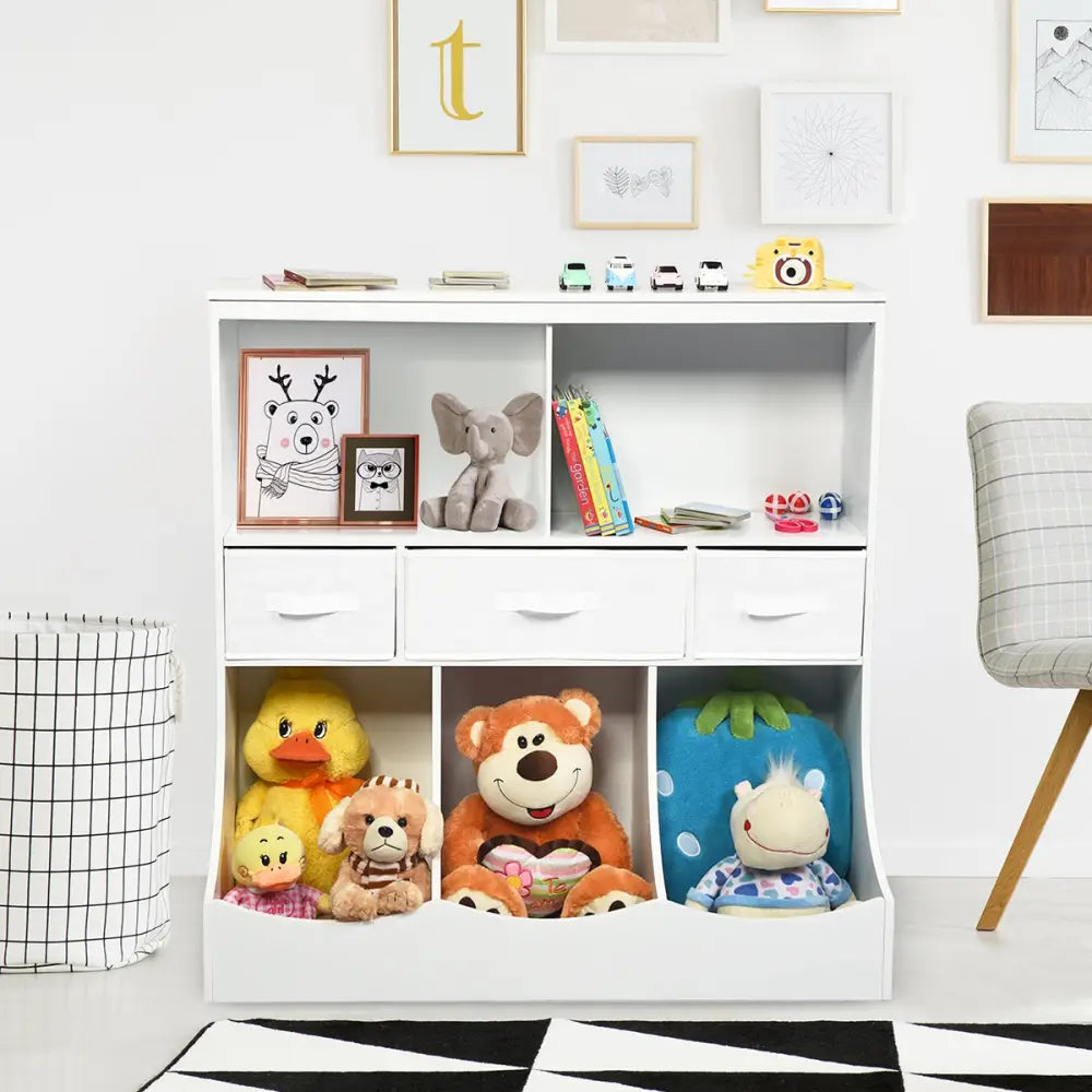 Freestanding Combo Cubby Bin Storage Organizer Unit W/3 Baskets-White - White - Kids Storage