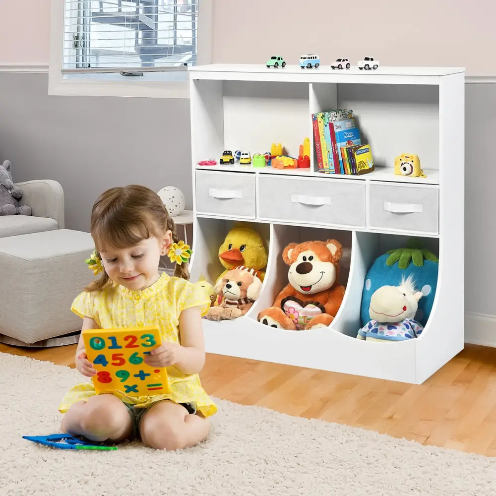 Freestanding Combo Cubby Bin Storage Organizer Unit W/3 Baskets-White - White - Kids Storage