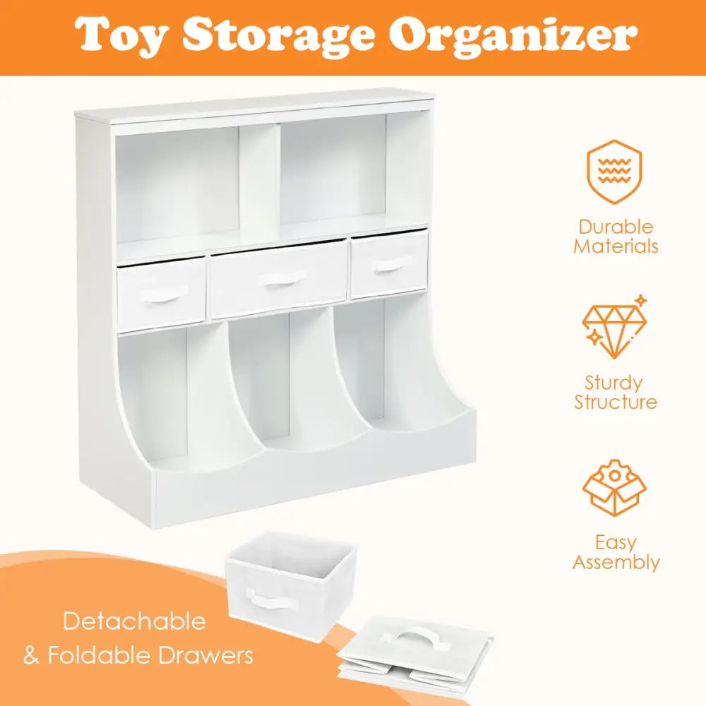 Freestanding Combo Cubby Bin Storage Organizer Unit W/3 Baskets-White - White - Kids Storage