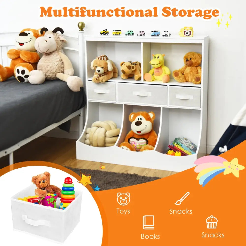 Freestanding Combo Cubby Bin Storage Organizer Unit W/3 Baskets-White - White - Kids Storage