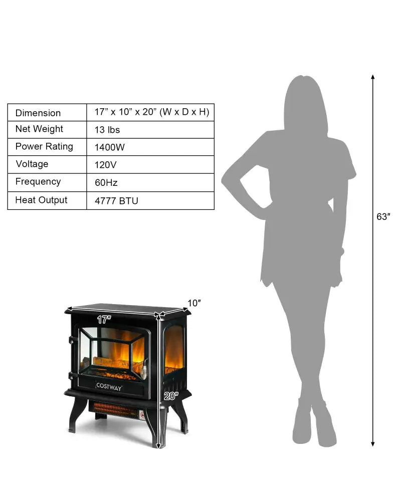 Freestanding Fireplace Heater with Realistic Dancing Flame Effect-Black - Black - Fireplaces