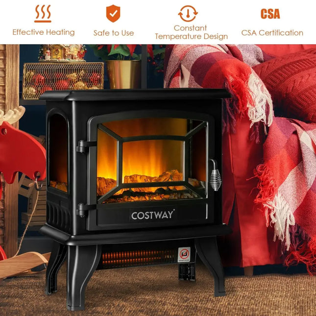 Freestanding Fireplace Heater with Realistic Dancing Flame Effect - Black - Oasis Home Essentials
