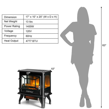 Freestanding Fireplace Heater with Realistic Dancing Flame Effect - Black - Oasis Home Essentials