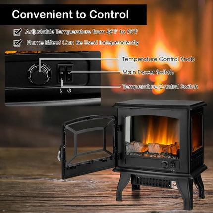 Freestanding Fireplace Heater with Realistic Dancing Flame Effect - Black - Oasis Home Essentials