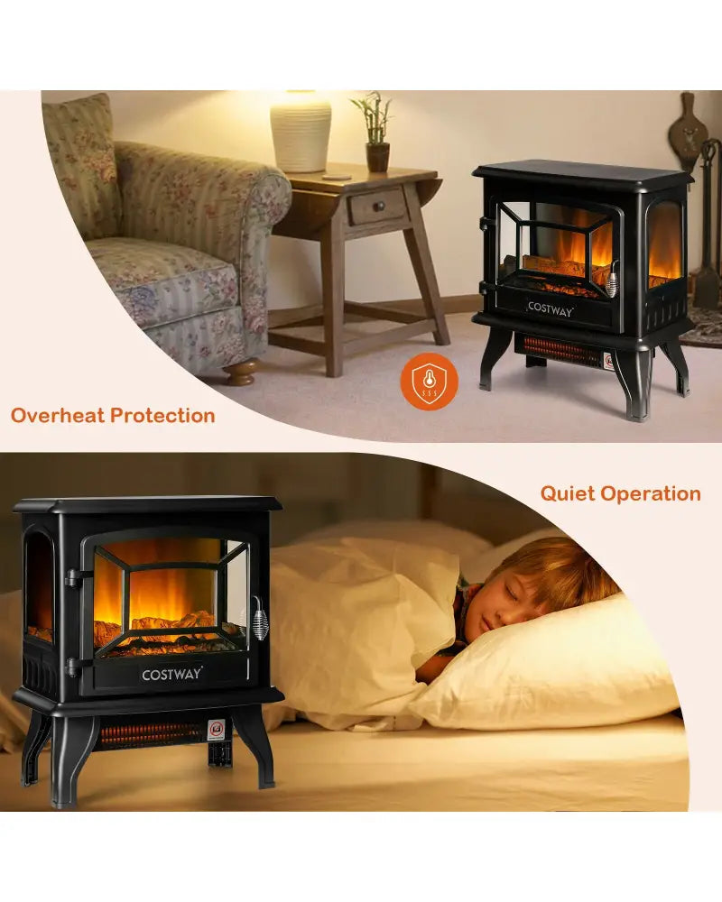 Freestanding Fireplace Heater with Realistic Dancing Flame Effect-Black - Black - Fireplaces
