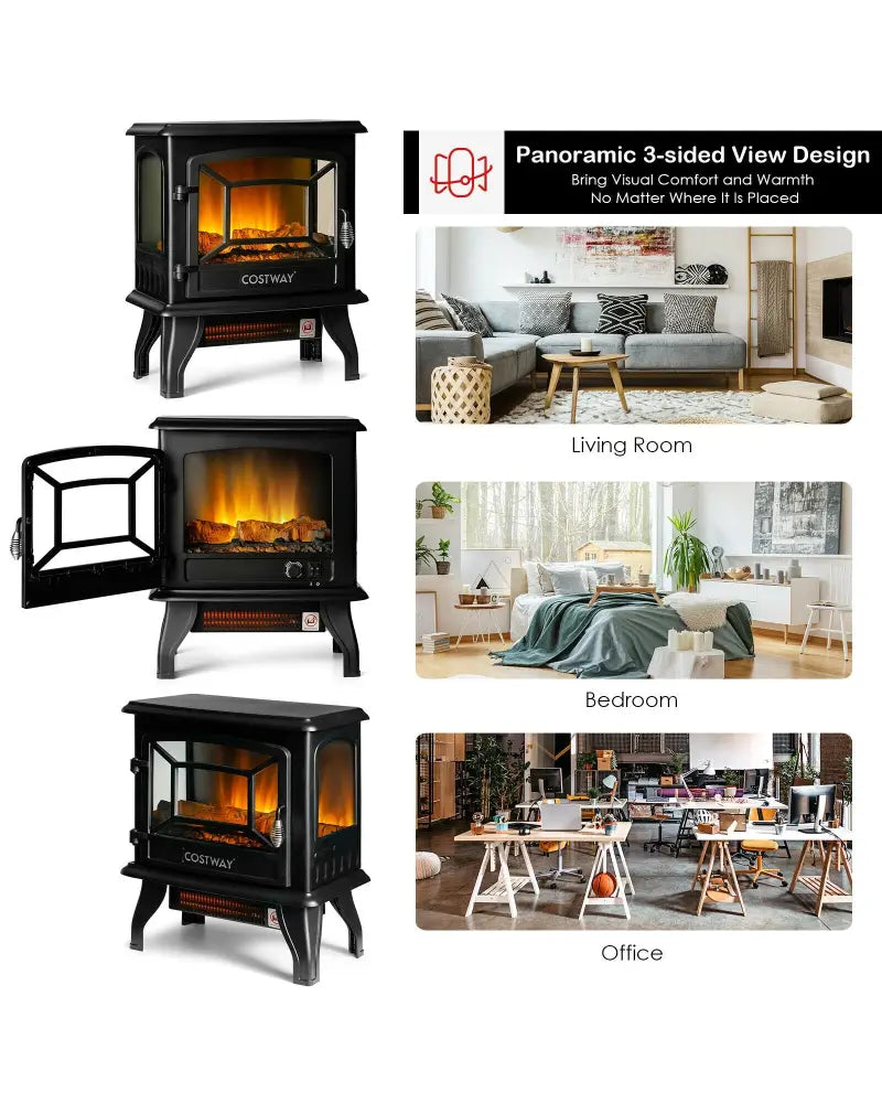 Freestanding Fireplace Heater with Realistic Dancing Flame Effect-Black - Black - Fireplaces