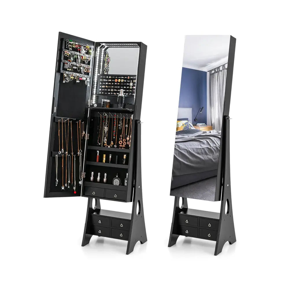 Freestanding Full Length LED Mirrored Jewelry Armoire with 6 Drawers-Black - Black - Jewelry Armoires