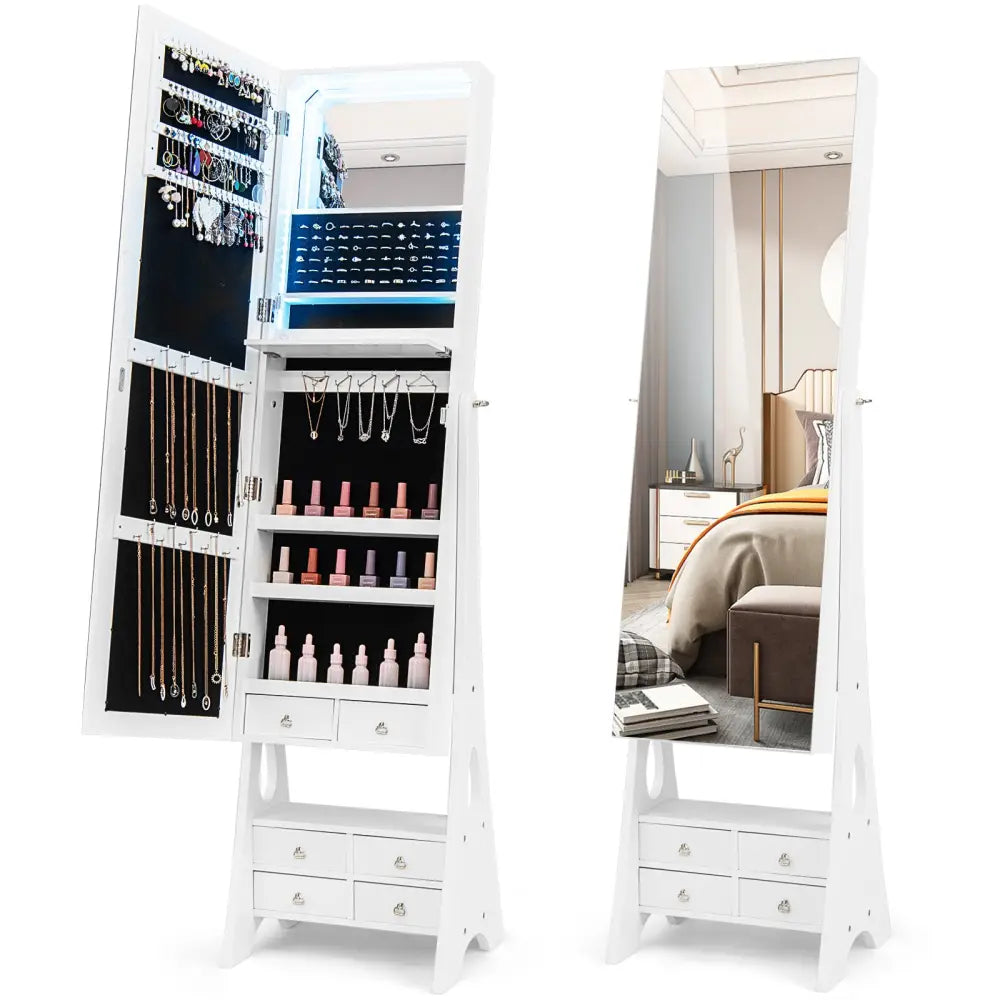 Freestanding Full Length LED Mirrored Jewelry Armoire with 6 Drawers-White - White - Jewelry Armoires